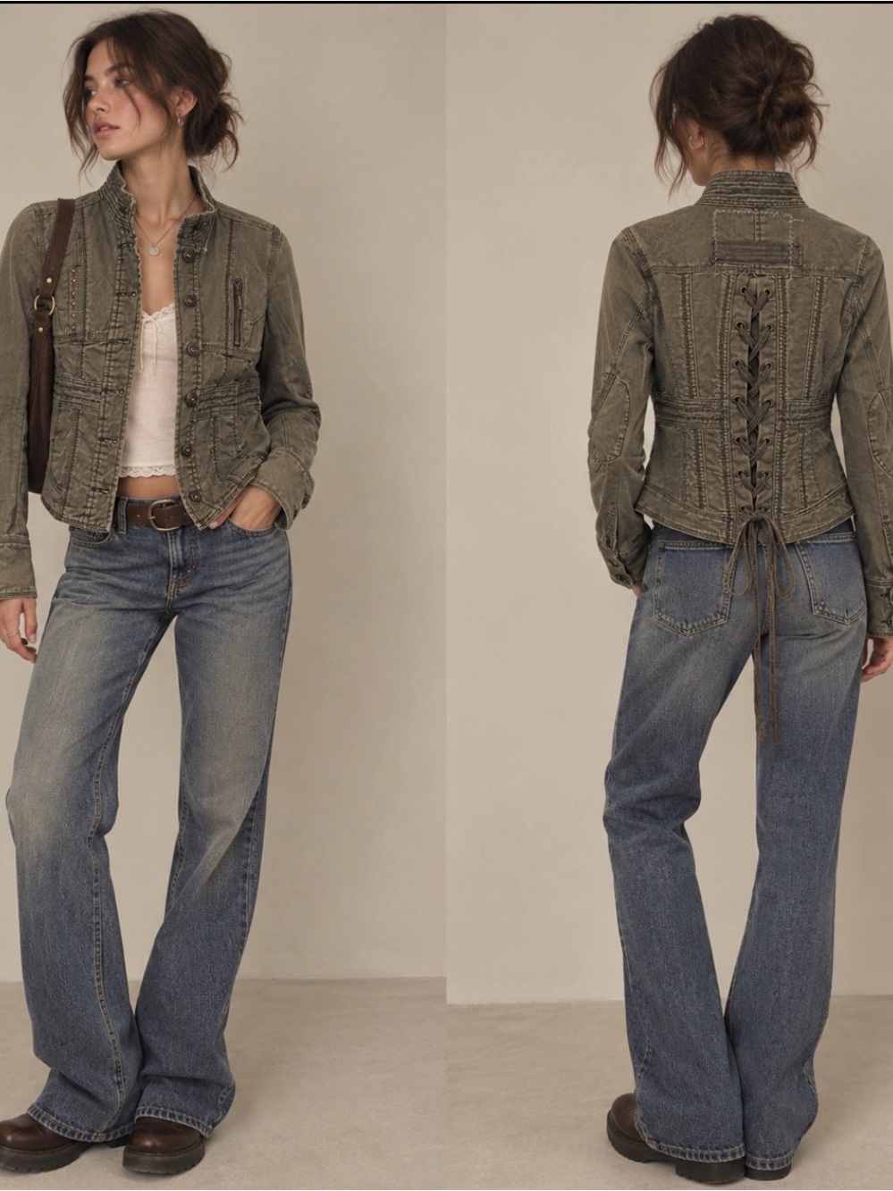 VTG Lee Cooper Green Fitted Military Utility Jacket Women’s M Y2K Cargo Lace Up